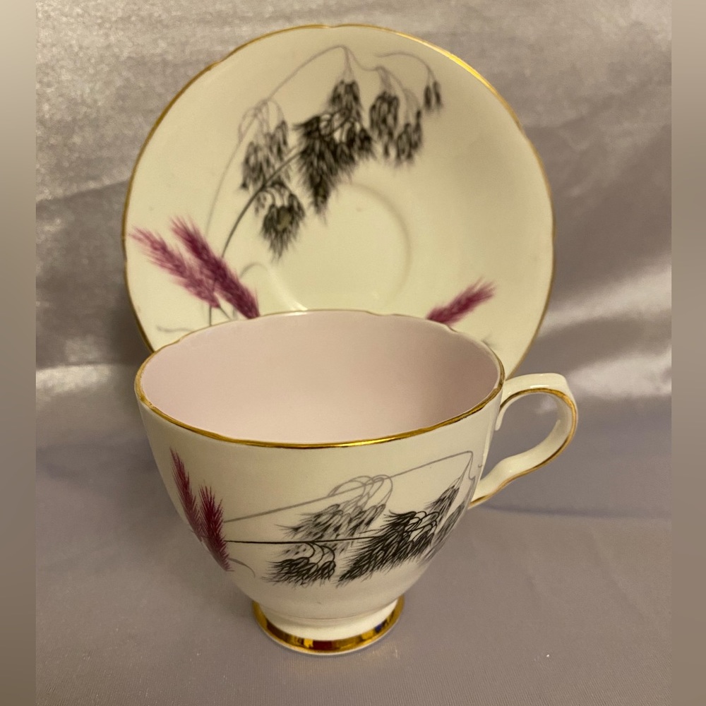 Vintage Old Royal Bone China England - # 3647 Cup & Saucer- Pink & Gray Wheat